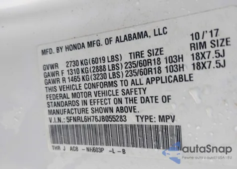 2018 Honda Odyssey Ex-L из США, поврежденный, VIN 5FNRL6H76JB055283